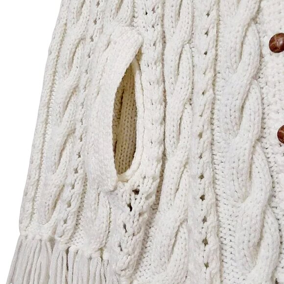 Vintage Handmade Crochet Cable Knit Button Fringe Poncho Cardigan - Great Cond - Picture 4 of 10